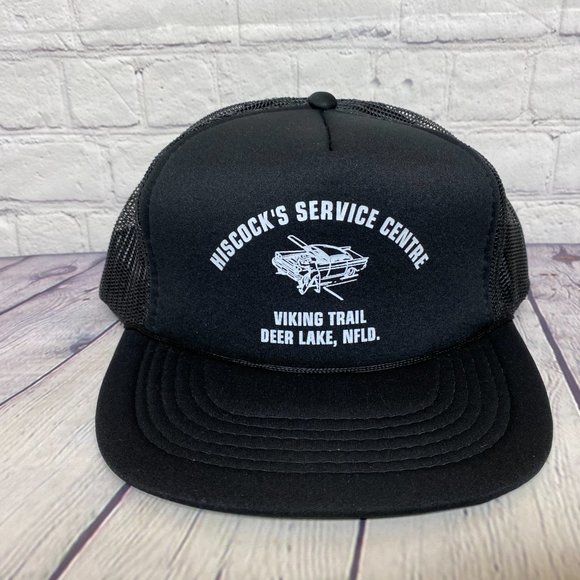 Vintage Trucker Hat Mesh 90s Cap Black HISCOCK'S Service Centre Viking TRL NFLD - Picture 5 of 8